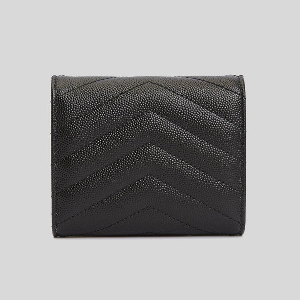 SAINT LAURENT YSL Cassandre Matelasse Multi-Folded Wallet In Grain De Poudre Leather Black RB-692061BOW01
