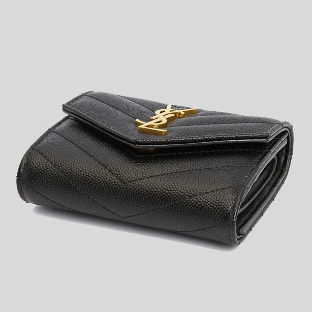 SAINT LAURENT YSL Cassandre Matelasse Multi-Folded Wallet In Grain De Poudre Leather Black RB-692061BOW01