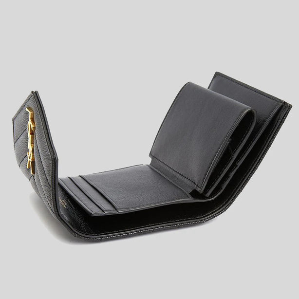 SAINT LAURENT YSL Cassandre Matelasse Multi-Folded Wallet In Grain De Poudre Leather Black RB-692061BOW01