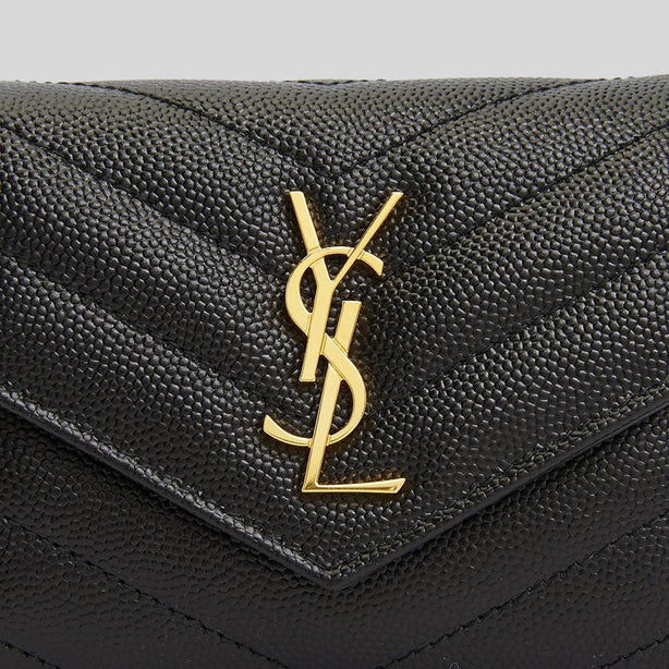 SAINT LAURENT YSL Cassandre Matelasse Multi-Folded Wallet In Grain De Poudre Leather Black RB-692061BOW01