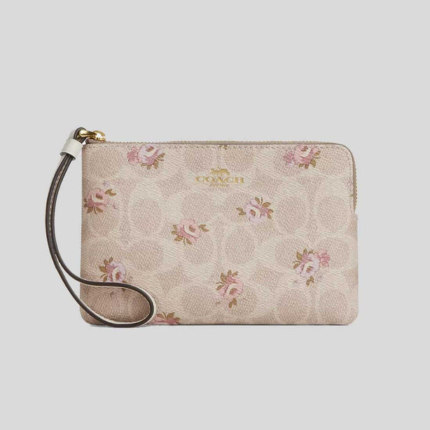 COACH Corner Zip Wristlet In Signature Canvas With Floral Print Sand Multi RB-CAR20