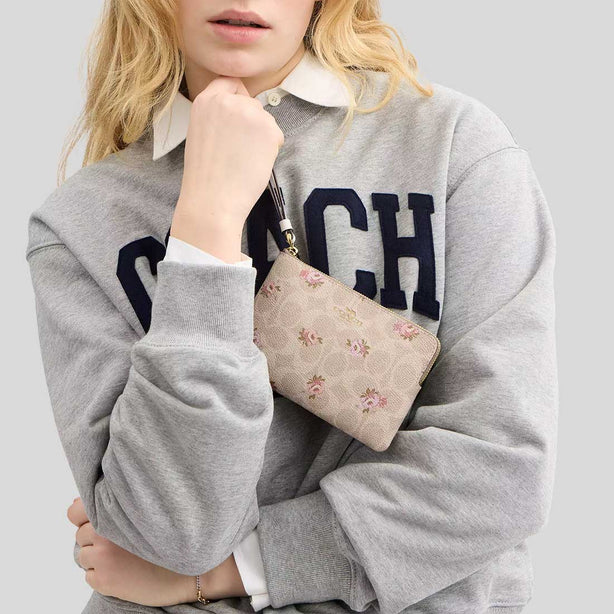 COACH Corner Zip Wristlet In Signature Canvas With Floral Print Sand Multi RB-CAR20