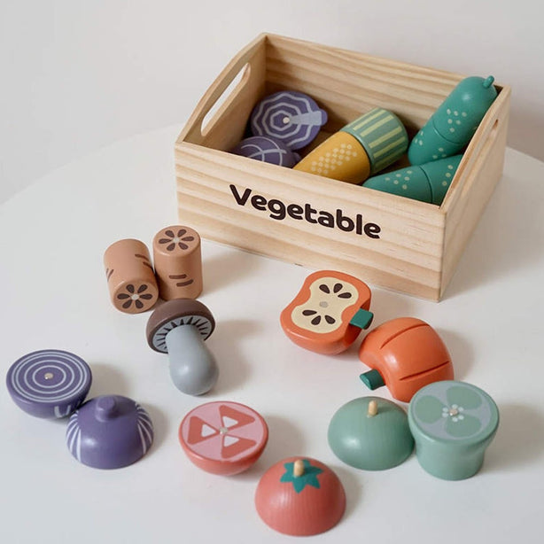 StitchesandTweed Wooden Play Food for Kids Kitchen, Food Vegetables Toy Set