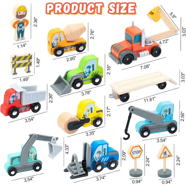 StitchesandTweed Wooden Construction Site Vehicles with Trailer 14 Pc Set