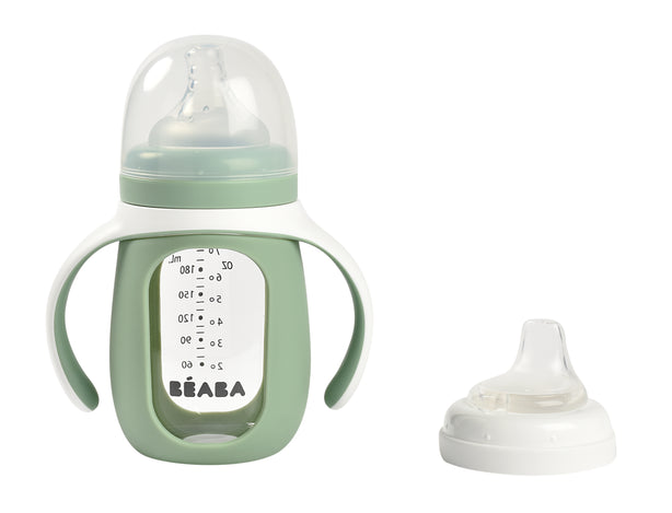 Beaba Glass Bottle with Silicone Protective Sleeve 210ml - Sage Green