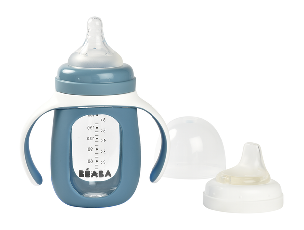 Beaba Glass Bottle with Silicone Protective Sleeve 210ml - Windy Blue