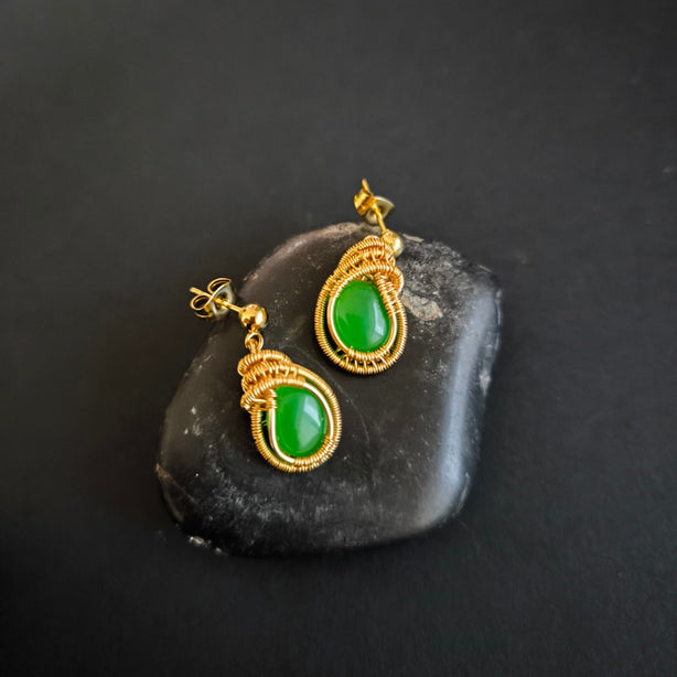 Ondeh-Ondeh Kueh Koci Wrap Green Jade Gold Earrings