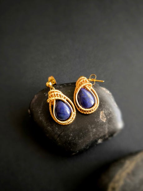 Blue Pea Flower Kueh Koci Wrap Lapis Gold Earrings