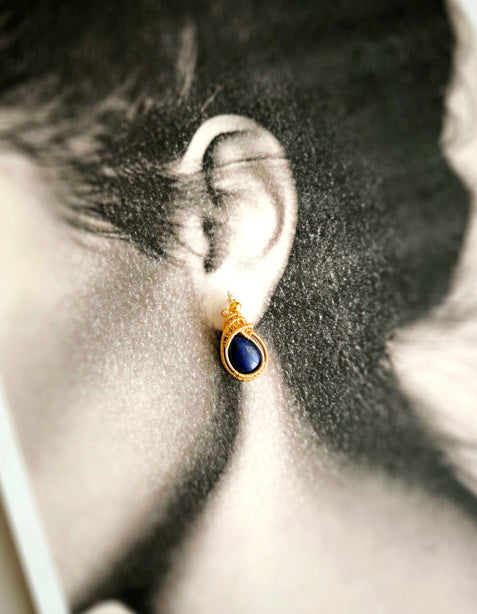 Blue Pea Flower Kueh Koci Wrap Lapis Gold Earrings