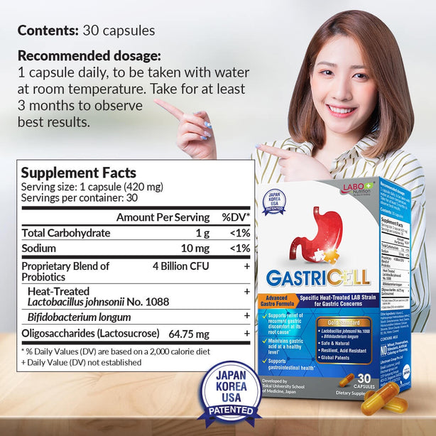 LABO Nutrition GastriCELL 30 Capsules, Eliminate Gastric Symptoms, H. Pylori