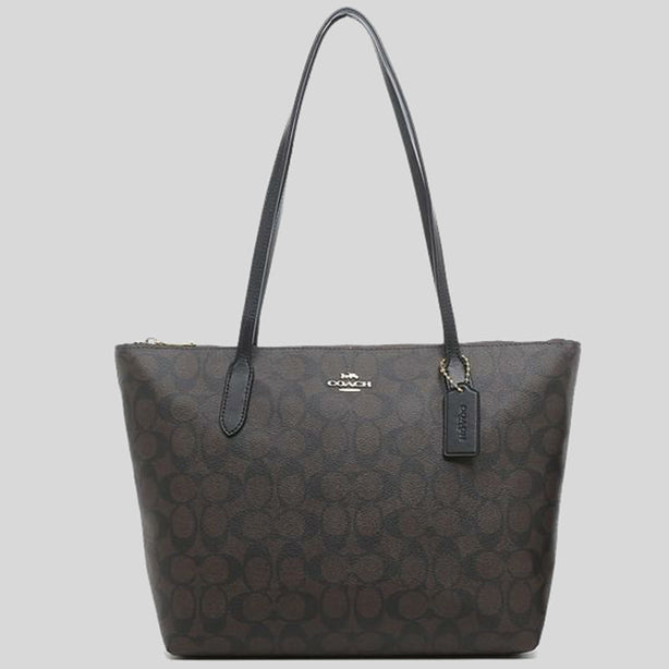 Coach Zip Top Tote In Signature Canvas Brown Black RS-4455