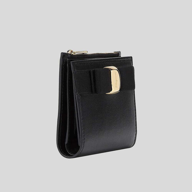 FERRAGAMO Vera Bow Calf Leather Compact Wallet Black RB-22E009