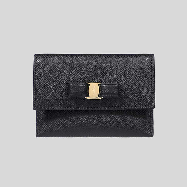 Ferragamo Vara Bow Calf Leather Small Card Holder Black RS-683522