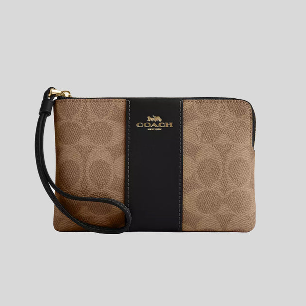 COACH Corner Zip Wristlet In Signature Canvas With Stripe Tan/Black RB-CW854
