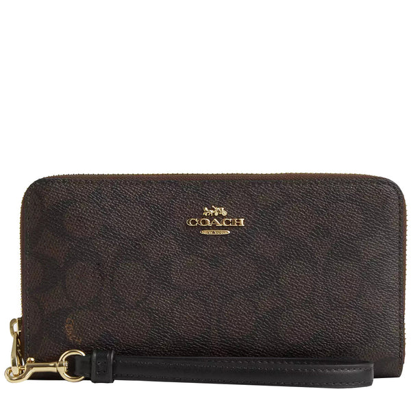 Coach Long Zip Around Wallet In Signature Canvas in Walnut/ Black CW778