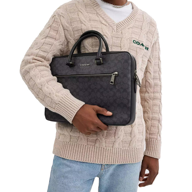 Coach Ethan Slim Brief Bag In Signature Canvas  in Charcoal/ Black CV917