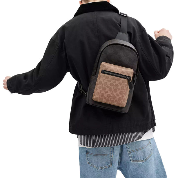 Coach West Pack Bag In Blocked Signature Canvas in Walnut/ Tan CAB60