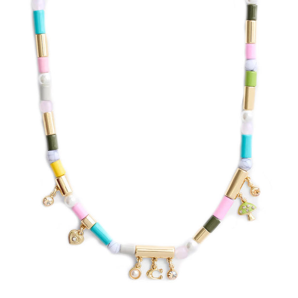 Coach Heart Multi Charm Beaded Necklace in Gold/ Multi CV264