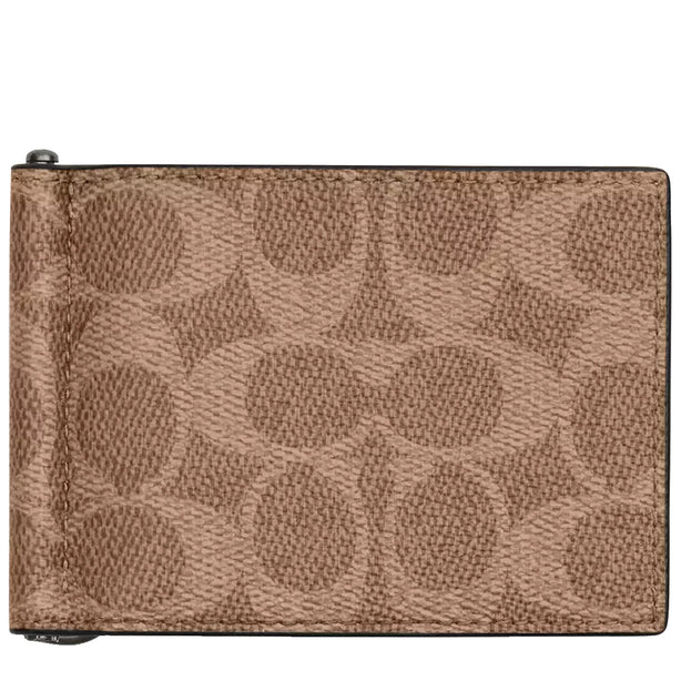 Coach Slim Money Clip Billfold Wallet In Signature Canvas in Tan/ Black CY059