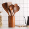 StitchesandTweed Natural Teak Wooden Cooking Spatulas with Utensils Holder 6 Pcs Set