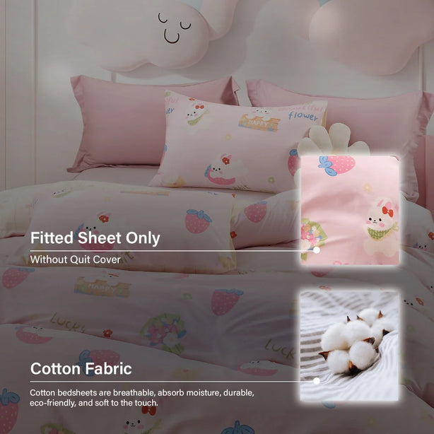 IE Kids I 100% Cotton Printed I Fitted Sheet Set I Without Quilt Cover -  Berry Bunny