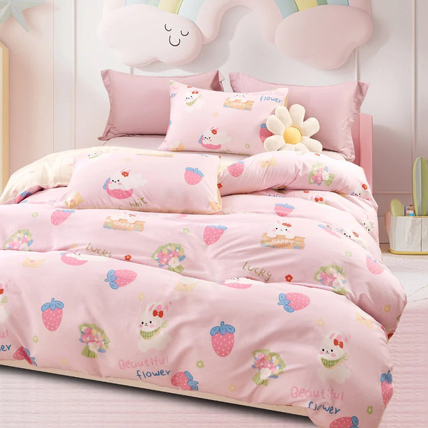 IE Kids I 100% Cotton Printed I Fitted Sheet Set I Without Quilt Cover -  Berry Bunny