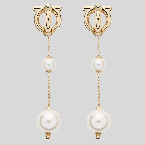 FERRAGAMO 3D Logo Gancini Pearl Drop Earrings Gold RB-760531