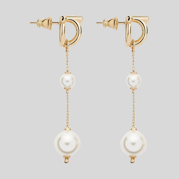 FERRAGAMO 3D Logo Gancini Pearl Drop Earrings Gold RB-760531
