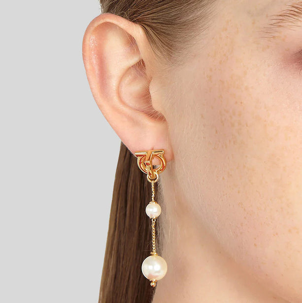 FERRAGAMO 3D Logo Gancini Pearl Drop Earrings Gold RB-760531