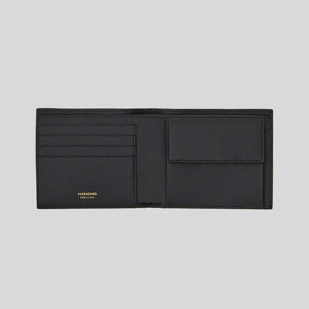 FERRAGAMO Gancini Men's Leather Bifold Coin Wallet Black RB-775646
