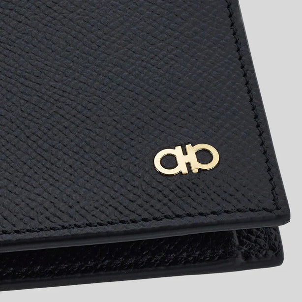 FERRAGAMO Gancini Men's Leather Bifold Coin Wallet Black RB-775646