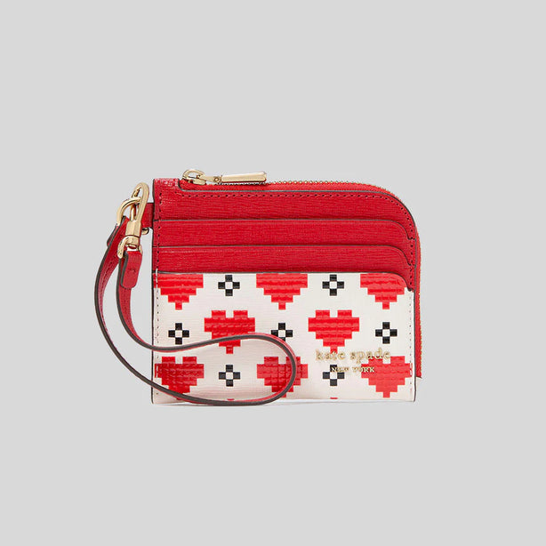 KATE SPADE Devin Pixel Hearts Coin Card Case Wristlet Cream Multi RB-KJ869