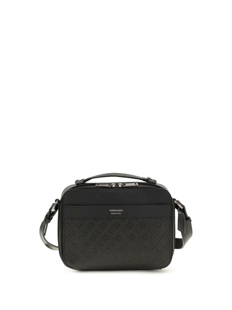 Ferragamo Leather crossbody Bag with embossed Gancini pattern - Black