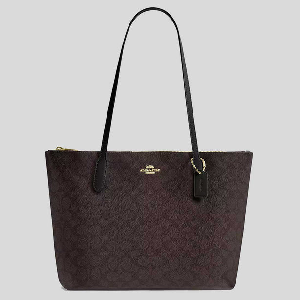 COACH Zip Top Tote Bag In Signature Canvas Walnut/Black RB-CBT20