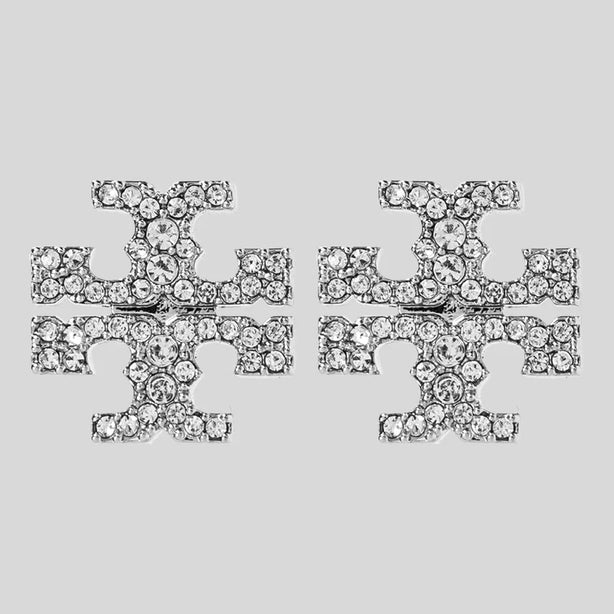 TORY BURCH Kira Pave Crystal T Logo Stud Earring Silver RB-158535