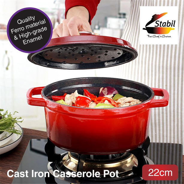 Stabil CIP-1522R 28cm Cast Iron Pot with Enameled Interior Dutch Oven Soup Pot