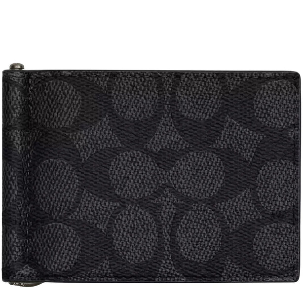 Coach Slim Money Clip Billfold Wallet In Signature Canvas in Charcoal/ Black CY059