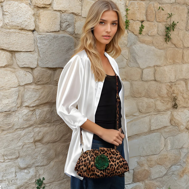 The Patty Pouch Crossbody in Dragon Print Leather with Green Jade Stone
