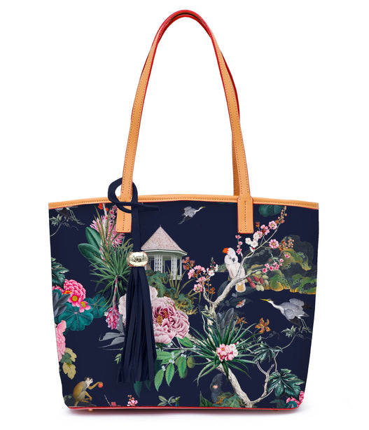Tree of Life Italian Leather Tote in Navy Blue