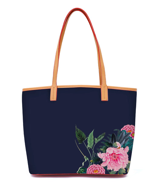 Tree of Life Italian Leather Tote in Navy Blue