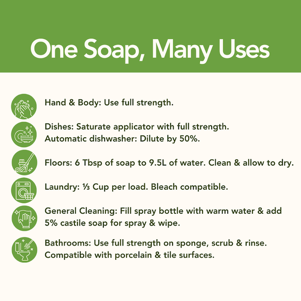 Vermont Castile Liquid Soap - Available In 473ml, 1L, 1.89L