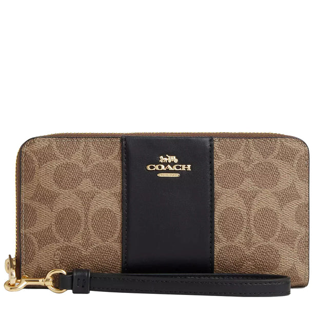 Coach Long Zip Around Wallet In Signature Canvas With Stripe in Tan/ Black CW947