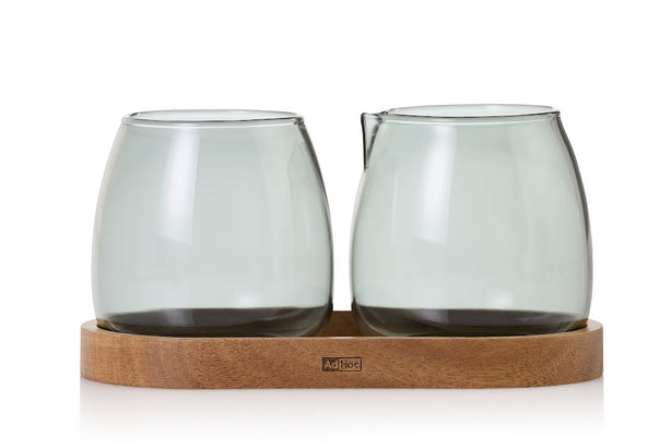 Adhoc Glass Milk & Sugar Set With Wooden Coaster
