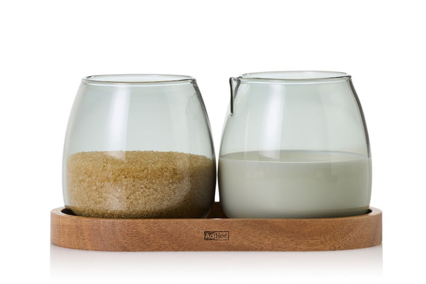 Adhoc Glass Milk & Sugar Set With Wooden Coaster