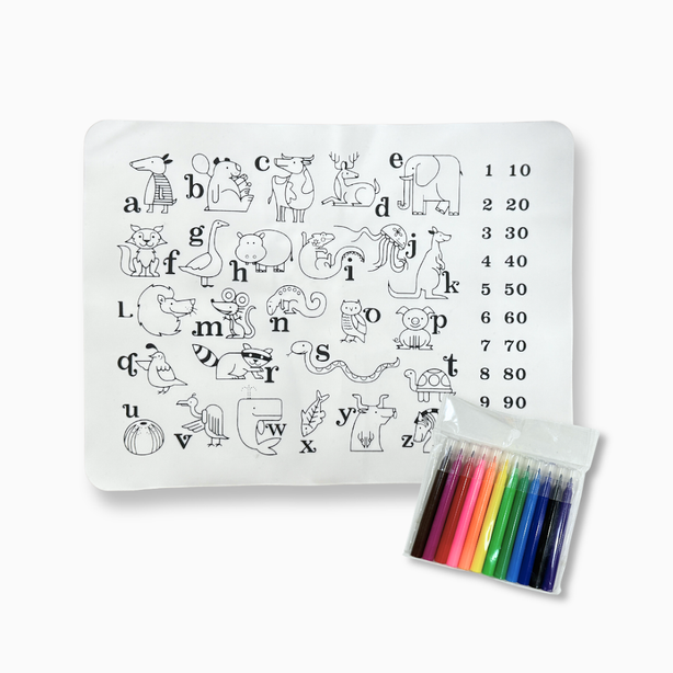 NYZE A-Z Animal Washable Silicone Colouring Mat + 12pcs Marker Set