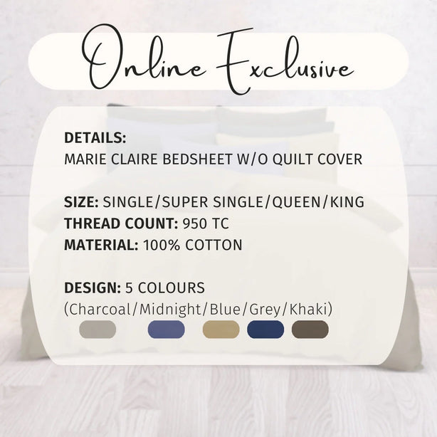 Marie Claire I MORPHEUS I Solid 100% Cotton I 950TC I Fitted Sheet Set I Pillow Case I Bolster Case - 5 Colour