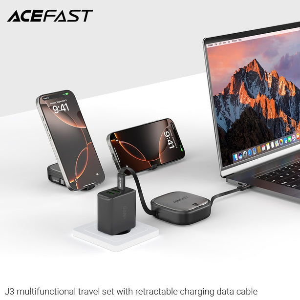 Acefast J3 Multi Function Travel Set With Retractable Charging Data Cable - Black