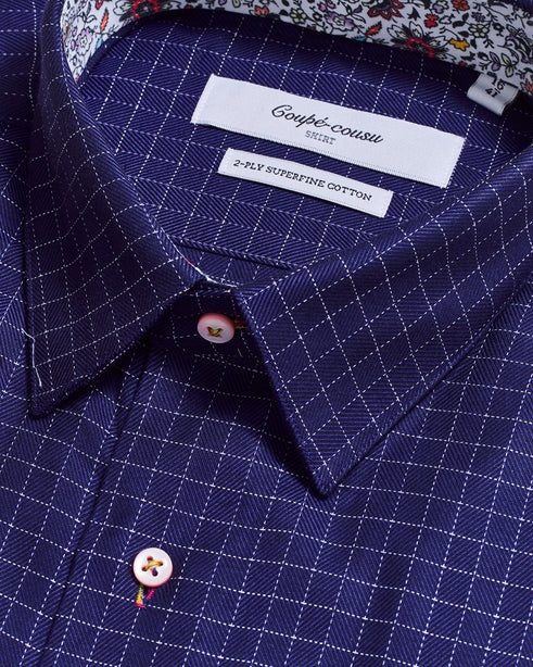 Coupe Cousu, Navy checks, Long Sleeve Shirt with Contrast Trim Fabric