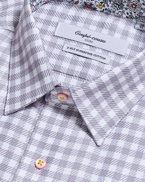 Coupe Cousu, Grey Checks, Long Sleeve Shirt with Contrast Trim Fabric