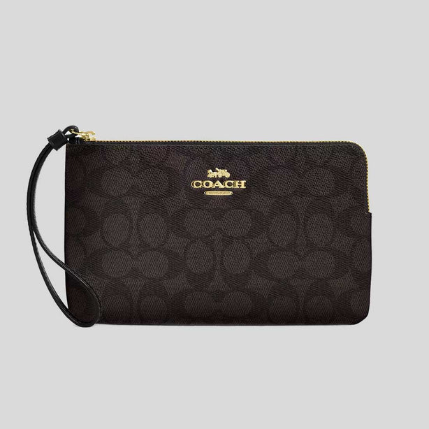 COACH Large Corner Zip Wristlet In Signature Canvas Walnut/Black RB-CZ277